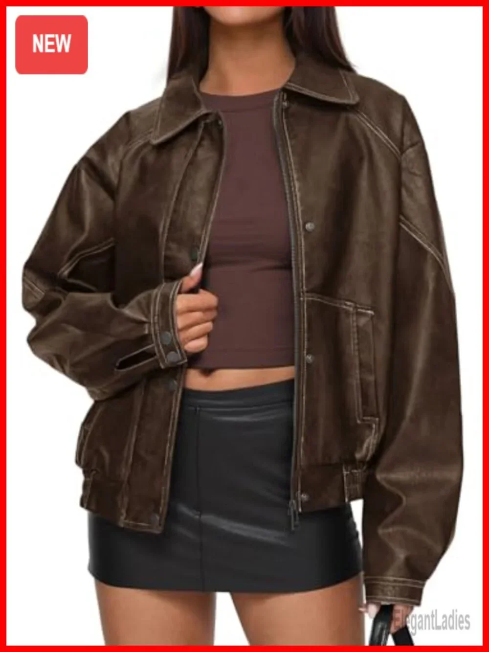 Women Faux Leather Oversized Motorcycle Bomber Jacket Zip Up Coat